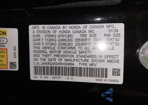 2024 Honda Cr-V Lx 2Wd из США, поврежденный, VIN 2HKRS3H2XRH324694